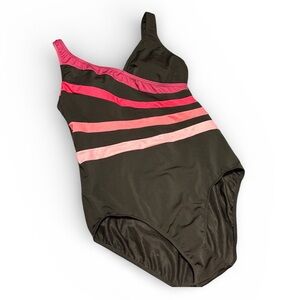 Plus Size One Piece Swimsuit FINZ 14 Black Pink Stripes Full Coverage Swim Sexy